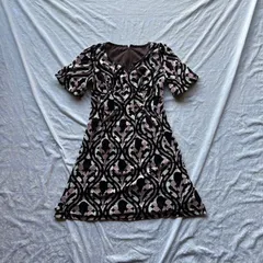 Ryu Ryu ベロア総柄ワンピース 半袖 背面ジップ モーブピンク×黒 アートデコ風 Aライン ミニ丈 Y2K フェアリーグランジ モード 平成ギャル 古着