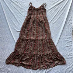 Y2K フェアリーグランジ 小花柄ティアードキャミワンピ M ブラウン ローズ柄 シャーリング ロングワンピ 裏地付 ボヘミアン 森ガール