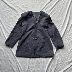 ダークネイビー ジャカード織 ノーカラージャケット ペイズリー総柄 ゴールド留め具 裏地付 90s〜Y2K フォーマル/モード グランジ アメカジM〜L相当