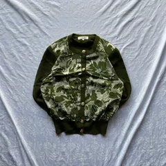 00’s COCO le style raffiné  花柄カモフラ切替ニットブルゾン 金ボタンビジュー ウール100% M カーディガン Y2K グランジ ミリタリー