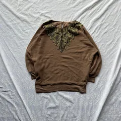 Y2K 刺繍レース風ネックモチーフ ブラウン スウェットトップス ドルマン バックボタン涙開き 90s〜00s フェアリーグランジ ボヘミアン 古着