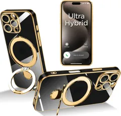 隠しスタンド スタンド機能 マグネット搭載 縦横両対応 ストラップホール付き リング付き TPU ワイヤレス充電対応 衝撃吸収 Magsafe対応 滑り止め ケース 落下防止 アイフォン Pro 16 16 プロ iPhone カバー（ブラック）