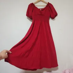 リゾート レッド パフ 半袖 Long ワンピース