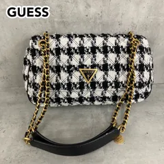 GUESS ゲス ショルダーバッグ ハンドバッグ 2way ツイード 千鳥格子 チェック柄 三角ロゴ プレート ゴールドチェーン キルティング ブラック 黒 ワイト 白 通勤 パーティー 結婚式 レディース ★ ■■