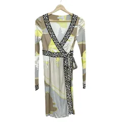 エミリオプッチ ワンピース サイズ34 XS レディース美品  - 白×黒×イエロー×ベージュ×マルチ 長袖/ミニ/カシュクール/ウエストリボン