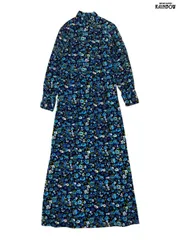 古着 ハイネック 花柄 ベロア ロング丈 長袖 ワンピース 青 (otu2511019)