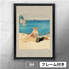 ゲルダ・ヴィーグナー（Gerda Wegener ） 「 クロンボー城を背景に、ビーチで日光浴をしている女の子たち 」 アール・ヌーヴォー/アール・デコ　アートポスター　A4　マット　その16　【フレーム付】《IN》