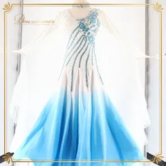 社交ダンス 衣装 スタンダードドレス ワンピース ドレス スタンダード 白 水色 フロート レース デモ 競技 ダンス パーティ 発表会 ホワイト系 ブルー系 グラデーション デザイン さわやか スカート 重ね着 エレガント イベント用 ファッション 美しい