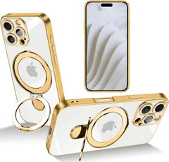 マグネット搭載 隠しスタンド スタンド機能 リング付き 縦横両対応 ワイヤレス充電対応 ストラップホール付き TPU Magsafe対応 衝撃吸収 滑り止め ケース 落下防止 Pro アイフォン 16 16 プロ カバー iPhone （ゴールド）