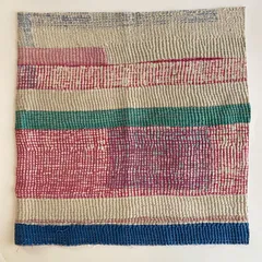 3584　ラリーキルト　カンタキルト　オールドファブリック　ハギレ　インド　ボロ　ステッチ　ピンク　ブルー　厚手　手仕事　資材　１点物　リバーシブル　50×50　送料無料　おまとめ割引