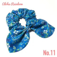 ☘️No.11☘️ リボン シュシュ 花柄 ブルー ハンドメイド ヘアアクセサリー 3way