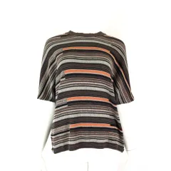 ノナ NONA ニット サマーセーター マルチボーダー ボタン装飾 レースアップ ドロップショルダー ドルマンスリーブ 5分袖 半袖 XL 13 茶 ブラウン