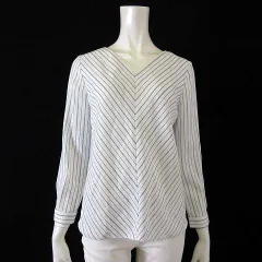 インディヴィ INDIVI ブラウス プルオーバー 斜め ストライプ柄 落ち感 Vネック 長袖 M 38 白 ホワイト 紺 ネイビー 緑 グリーン