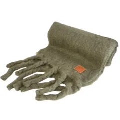 美品 LOEWE ロエベ アナグラム レザーパッチ モヘヤ ウールブレンド フリンジ ロングシャギーマフラー カーキ メンズ レディース 古着 中古 USED