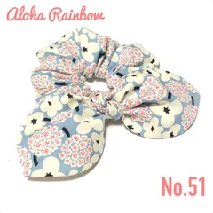 ☘️No.51☘️ リボン シュシュ 花柄 くすみブルー 北欧 ハンドメイド ヘアゴム 3way