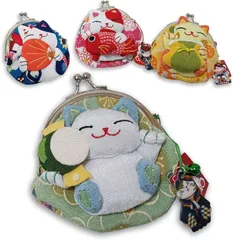 MMmall 外国人が喜ぶ日本のお土産 がま口財布 蝦蟇口財布 がま口ポーチ 招き猫 雑貨 (緑猫)