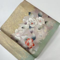ミントグリーンの名古屋帯 草花模様 長尺 390センチ - メルカリ