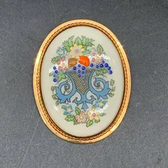 D403　レノックス　LENOX オータム　ブローチ　ポーセリン製フルーツバスケット　楕円形　オーバルブローチ　ヴィンテージアクセサリー　ペンダントトップ