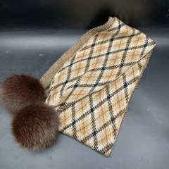 D484　DAKS　フォックスファー付き　チェック柄　ティペットマフラー　全長約180㎝　ダックス　ストール　ベージュブラウン系　美品