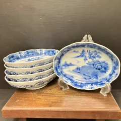 明治〜大正期 伊万里染付 山水人物文 楕円皿 5枚揃 変形皿 和食器 古道具　|雑貨屋えこわっか