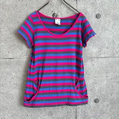 【USED】古着 X-girl ボーダーTシャツ ピンク×ブルー×グレー エックスガール 半袖 カットソー ポケット付き コットン100％ レディース Y2K Ｔシャツ　Size1 ボーダー カラフルのサムネイル