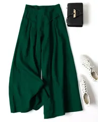 【ダークグリーン】  ワイドパンツ レディース ガウチョパンツ ウエストゴム ロング 春夏秋 きれいめ 大人 オフィスカジュアル ボトムス パンツ