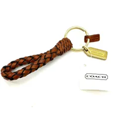 【美品】COACH brown leather Intrecciato gold parts key holder unisex コーチ キーホルダー