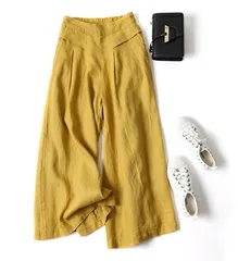 【イエロー】  ワイドパンツ レディース ガウチョパンツ ウエストゴム ロング 春夏秋 きれいめ 大人 オフィスカジュアル ボトムス パンツ