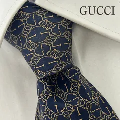《美品》GUCCI (グッチ) シルクネクタイ イタリア製 総柄 ロープロゴ ネイビー ゴールド