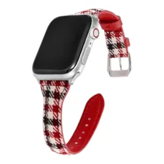 Apple Watch 千鳥格子柄 キャンバス生地 フェイクレザー バンド 38/40/41mm　ブロックチェック柄レッド　590840384041