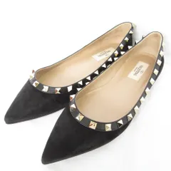 美品 VALENTINO GARAVANI ヴァレンティノガラヴァーニ ロックスタッズ スエード フラットパンプス サイズ36 23cm相当 ブラック レディース 古着 中古 USED