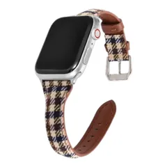 Apple Watch 千鳥格子柄 キャンバス生地 フェイクレザー バンド 42/44/45mm　ブロックチェック柄ブラウン　590830424445