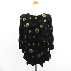 Century カットソー ポンチョ風 ベロア ラウンドネック ドット ラメ LL ブラック×ゴールド ※EKM