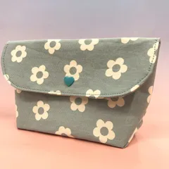 【福祉施設制作】向日葵作　ポーチ「マチ付きポーチ（くすみブルー、花柄）」NO.4861　P（弐）