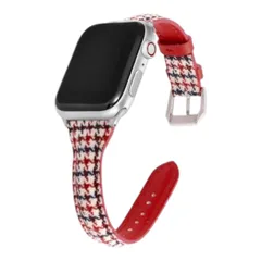 Apple Watch 千鳥格子柄 キャンバス生地 フェイクレザー バンド 42/44/45mm　千鳥格子柄レッド　590820424445
