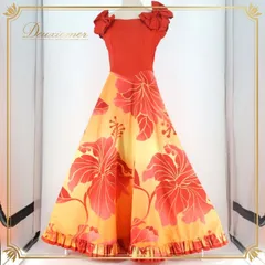 フラダンス 衣装 ワンピース ドレス レッド系 アロハスタンダード 日本製 ハイビスカス柄 ALOHA STANDARDS 花柄 フリル リボン 華やか 鮮やか かわいい おしゃれ ハワイアン アロハ フラ ダンス レッスン 練習 オレンジ系 赤 橙 イエロー