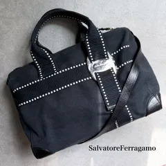 SalvatoreFerragamo サルヴァトーレフェラガモ ヴァラリボン ステッチ 2wayショルダーバック ハンドバック キャンバス レザー ネイビー ブラック レディース鞄 ML02