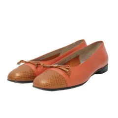Salvatore Ferragamo サルヴァトーレ フェラガモ オレンジ サイズ:6 1/2(23.5cm) / リボン フラット パンプス / ラウンドトゥ バイカラー 型押し ロゴ レザー / イタリア製 / シューズ 靴【レディース】