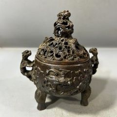 茶道具 茶香炉 唐銅置物 中国骨董 盤竜座 祥雲霊芝蓋 古美術
