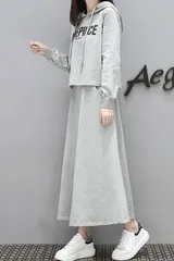 【グレー】レディース セットアップ パーカー ロングスカート 体型カバー  ゆったり ラフ 無地 ロゴ 大人 カジュアル 春秋