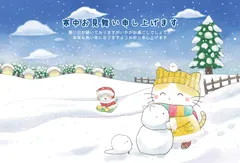 ポストカード3枚セット「ネコとシマエナガの雪あそび」　寒中見舞い