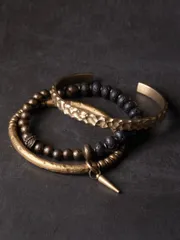 真鍮×火山石 3連ブレスレットセット 開口バングル ｜重ねて完成する手元の造形 ― ハンドメイド・ユニセックス ― 数量限定 一点もの ハンドメイド 手作り プレゼント おしゃれ 誕生日 ギフトにもおすすめ レトロデザイン  SGYP235