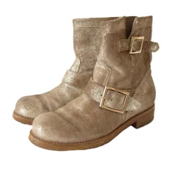 良品 JIMMY CHOO ジミーチュウ スエード ラメ エンジニアブーツ ショートブーツ 36 1/2 約23.5cm ゴールドカラー レディース 古着 中古 USED