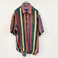 古着 used　半袖プリントシャツ　ストライプ　胸ポケット　レッド　グリーン　ネイビー　イエロー　カラフル　サイズ