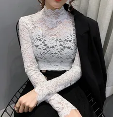 【ホワイト】レディース レース トップス ハイネック 長袖 透け感 シースルー 重ね着 上品 インナー きれいめ 大人
