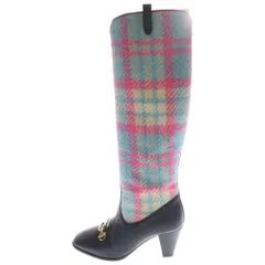 GUCCI (グッチ) インターロッキングG ホースビット レザー チェック柄ツイード切り替え ヒール サイドジップ ロングブーツ シューズ  レディース 577652