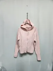 ピンク ケーブル編みニット フード ツーウェイ ジップアップ