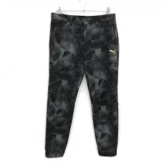 【超美品】プーマ パンツ 黒×グレー 総柄 ロゴゴールド 裏微起毛 メンズ L ゴルフウェア PUMA