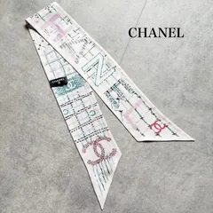 美品 CHANEL シャネル スカーフ ツイリーバンドー  ホワイト 水色 ピンク ココマーク アイコン シルク ヘアバンド