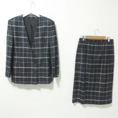 美品 BURBERRY’S バーバリーズ ヴィンテージ チェック柄 ノーカラージャケット×スカート セットアップ 9AR ネイビー レディース 古着 中古 USED